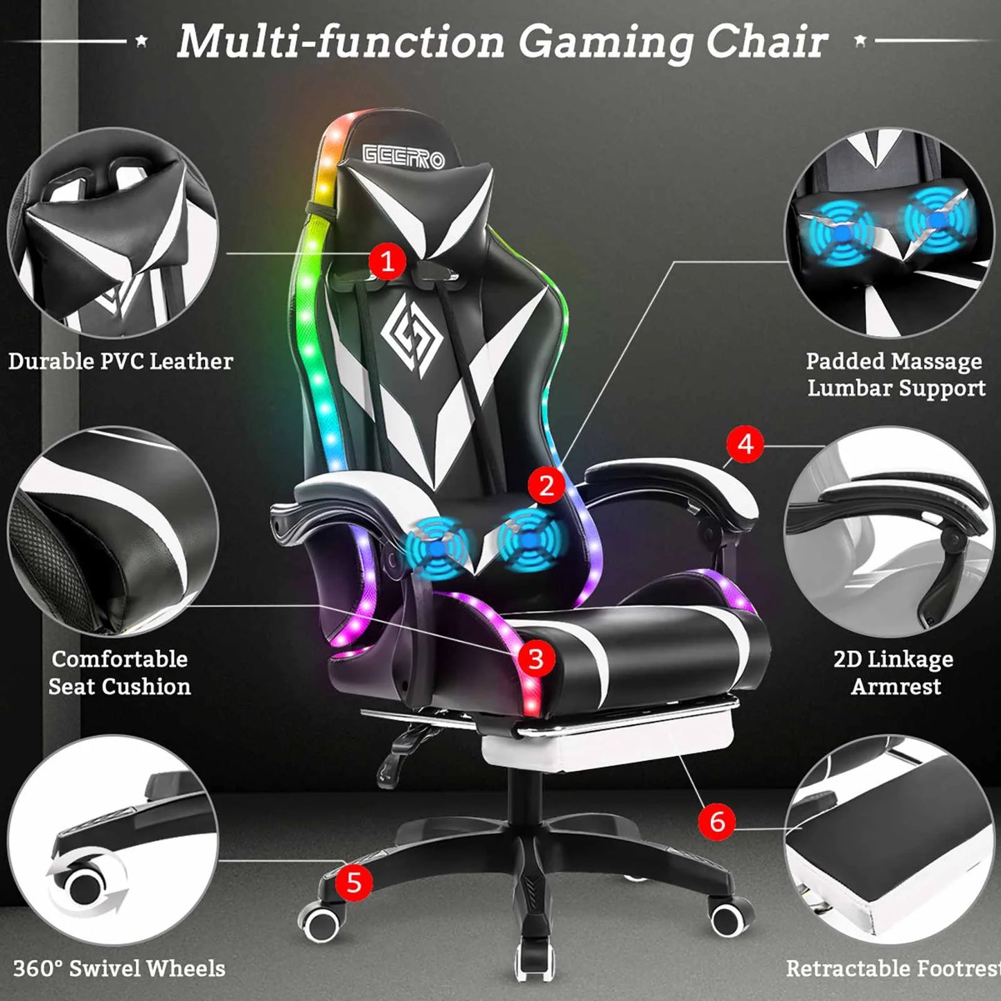 135 Degrees Gaming Chair with RGB Lights Bluetooth Speaker Ergonomic Swivel Recliner with 2 Point Massage