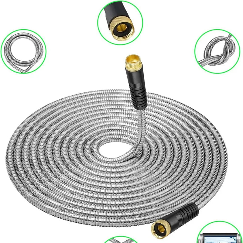 High Pressure Garden Hose 25 Feet - Stainless Steel Garden Hose Metal Flexible Car Washing Hose, With Yard Spray, Never Knotted