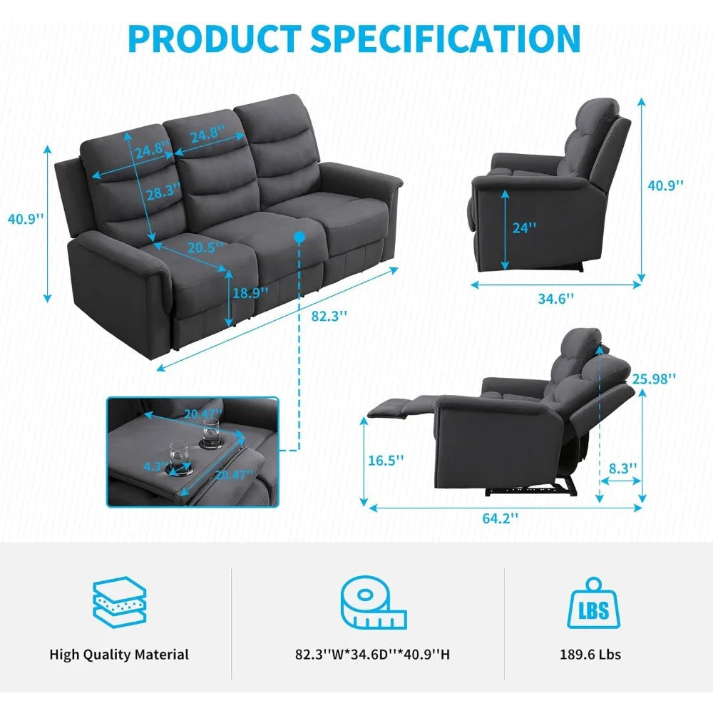 Recliner Sofa,3-Seater Adjustable Living Room Sofa with Flip Middle Backrest,Home Theater Seating Couch,Modern Convertible Couch