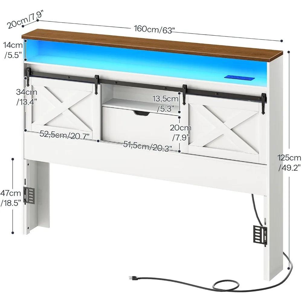 Queen Size Farmhouse Headboard with Storage Shelf Charging Station and LED Lights