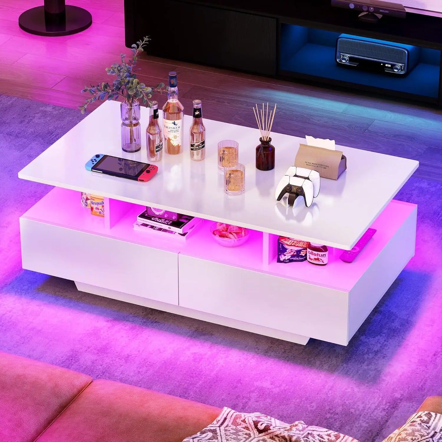 LED Coffee Table with Storage Modern Black Rectangle Table for Living Room High Gloss Finish