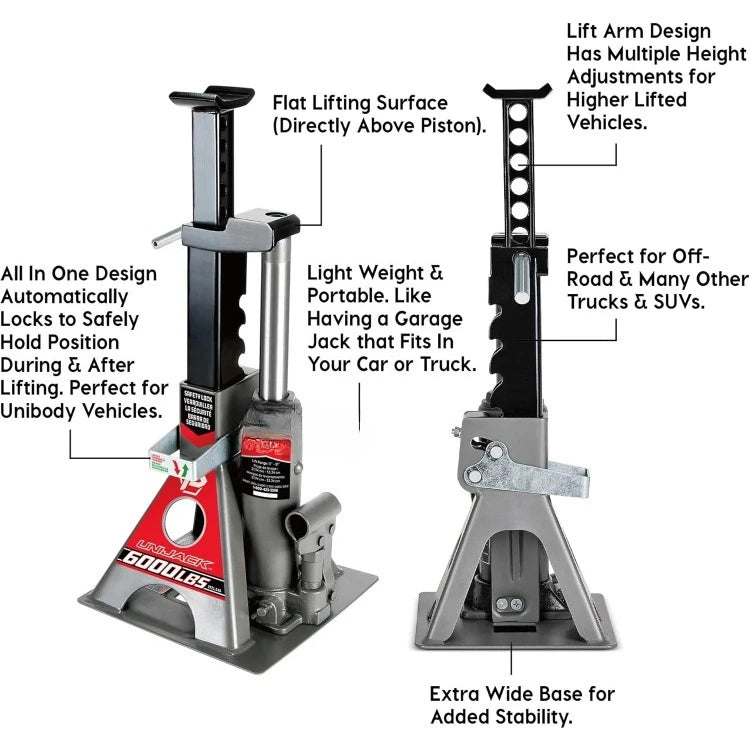 3 Ton, Bottle Jack and Jack Stands in One, 6000 Pound Capacity, All-in-One Car Lift, Heavy Duty Vehicle Unijack, Wide
