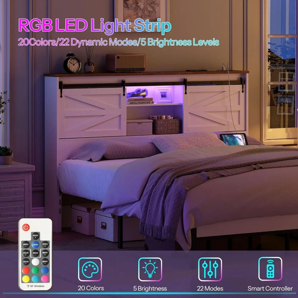 Hoobro Queen Headboard with Storage Shelf and Charging Station featuring LED Lights and Bookcase Design