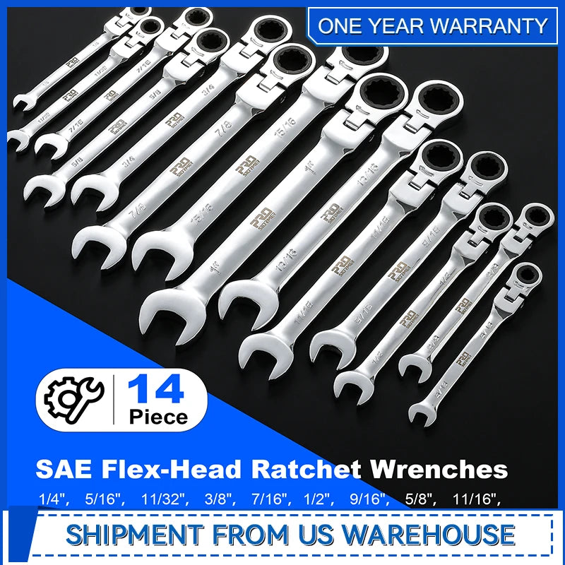 14-Piece SAE Flex-Head Ratcheting Wrench Set 1/4 to 1 with Storage Case 72 Tooth Cr-V Steel Constructed By Prostormer