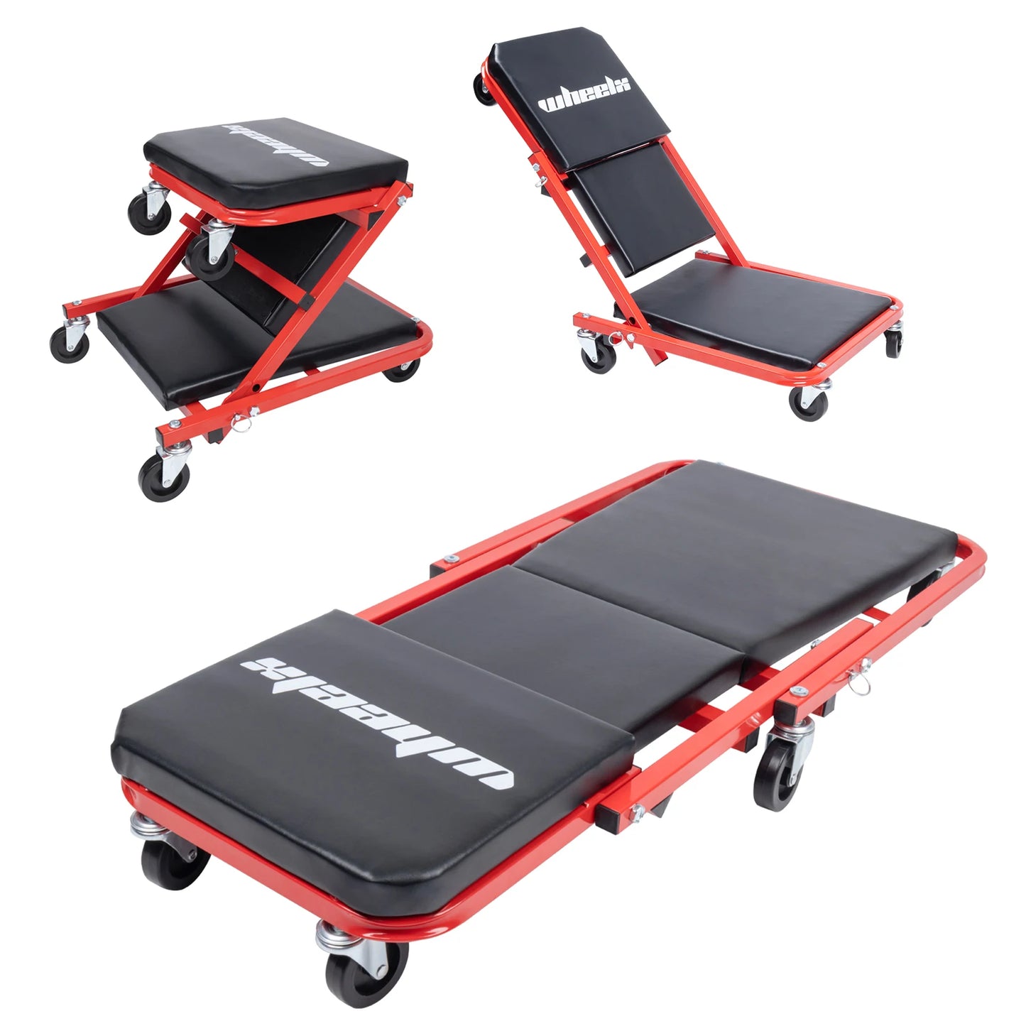 3 in 1 Rolling Mechanic Creeper Z Seat Foldable Garage Chair Lay Down Sit Lean Back Under Car Shop Auto Repair Red Black