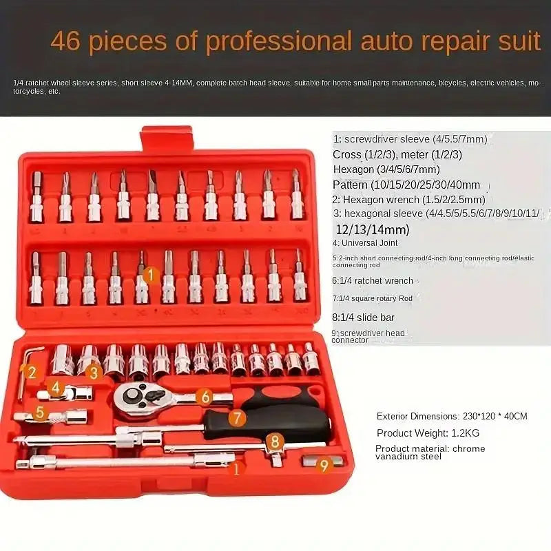 46PCS 1/4 inch Drive Socket Set,Metric Ratchet Wrench Set with 4-14mm CR-V Sockets,S2 Bits,Extension Bars,Mechanic Tool Kits for