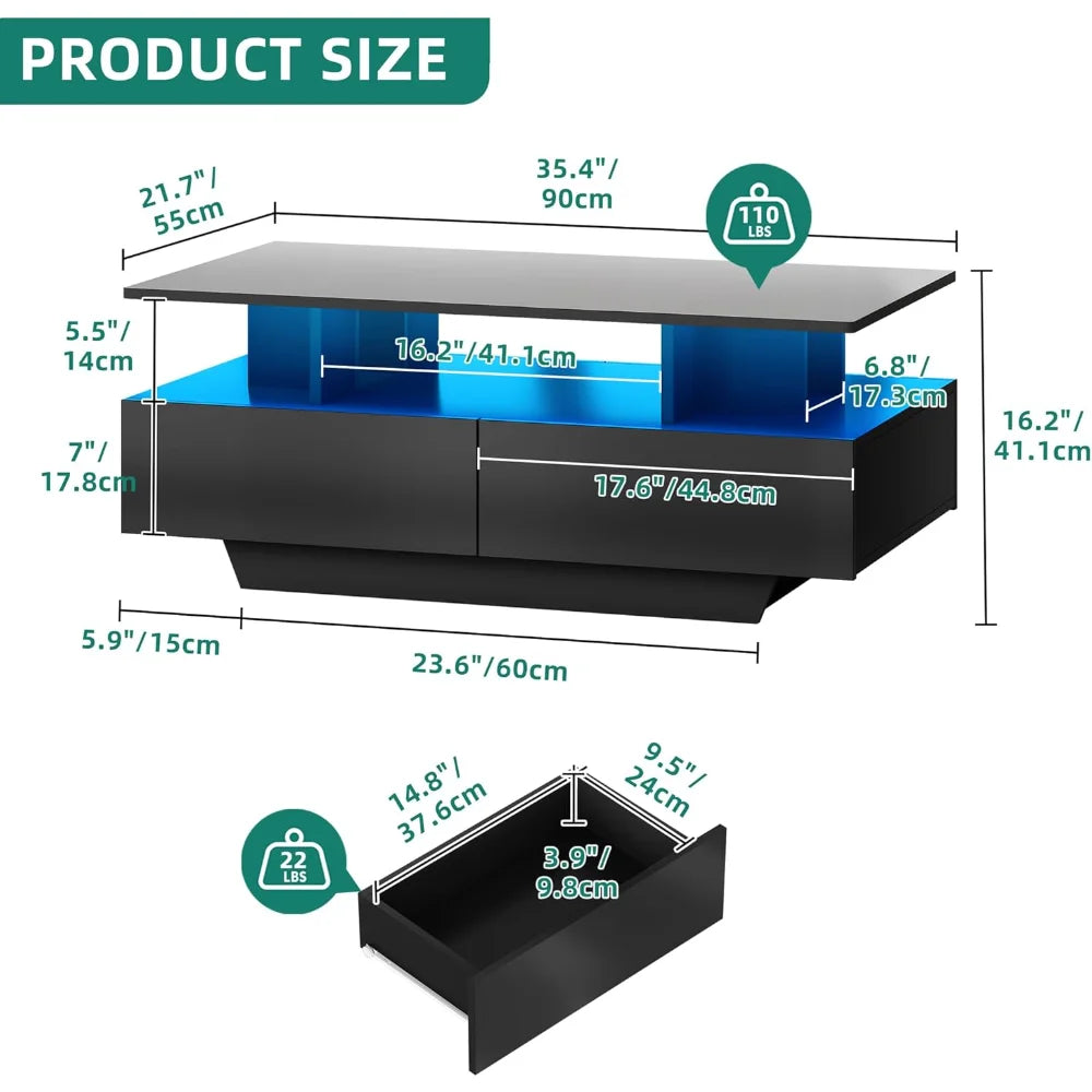 LED Coffee Table with Storage Modern Black Rectangle Table for Living Room High Gloss Finish