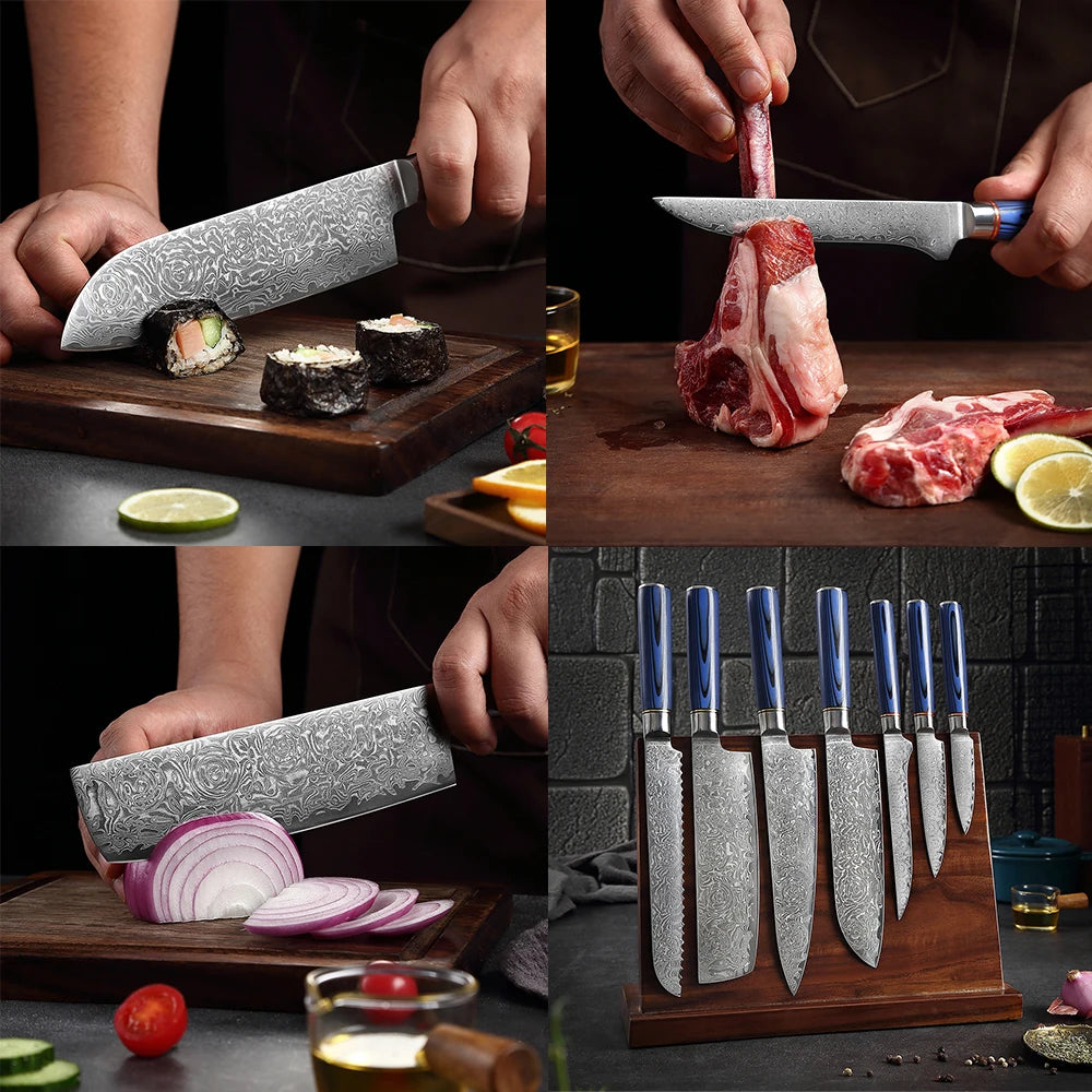 Super Sharp 1-7Piece Damascus Kitchen Knife Set 67-Layer Japanese VG10 Steel Chef's Cleaver Knife Bread Santoku Boning Knife