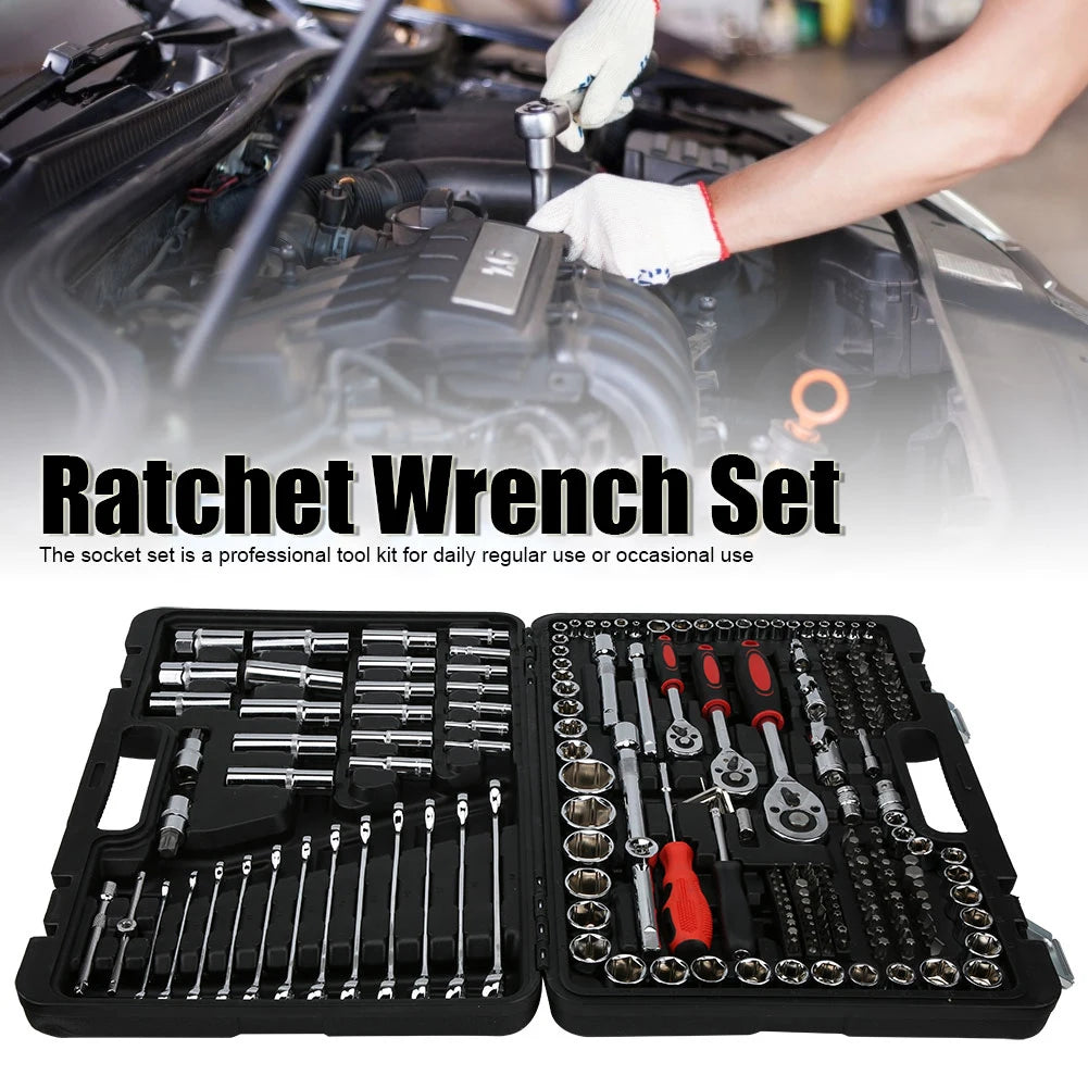 215Pcs Car DIY Repair Tool Kit 1/4in 3/8in 1/2in Socket Sets Ratchet Torque Wrench Combo Auto Repairing Sets Mechanic Tool