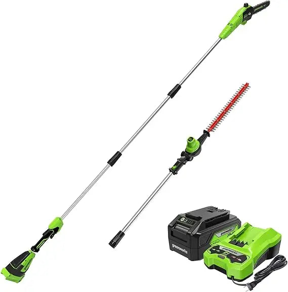 24V Brushless 10" Cordless Polesaw + Pole Hedge Trimmer Combo (Great For Pruning and Trimming Branches / Shrubs), 4.0Ah Battery