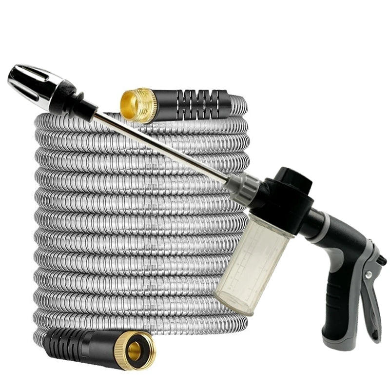 High Pressure Garden Hose 25 Feet - Stainless Steel Garden Hose Metal Flexible Car Washing Hose, With Yard Spray, Never Knotted