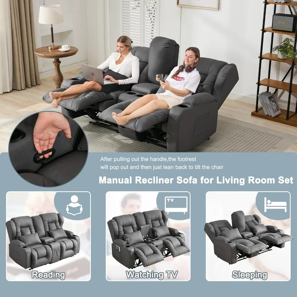 65.5" RV Loveseat Double Recliner With Console | Wall Hugger Reclining Sofa | Theater Seats Couch Furniture for RV and Home