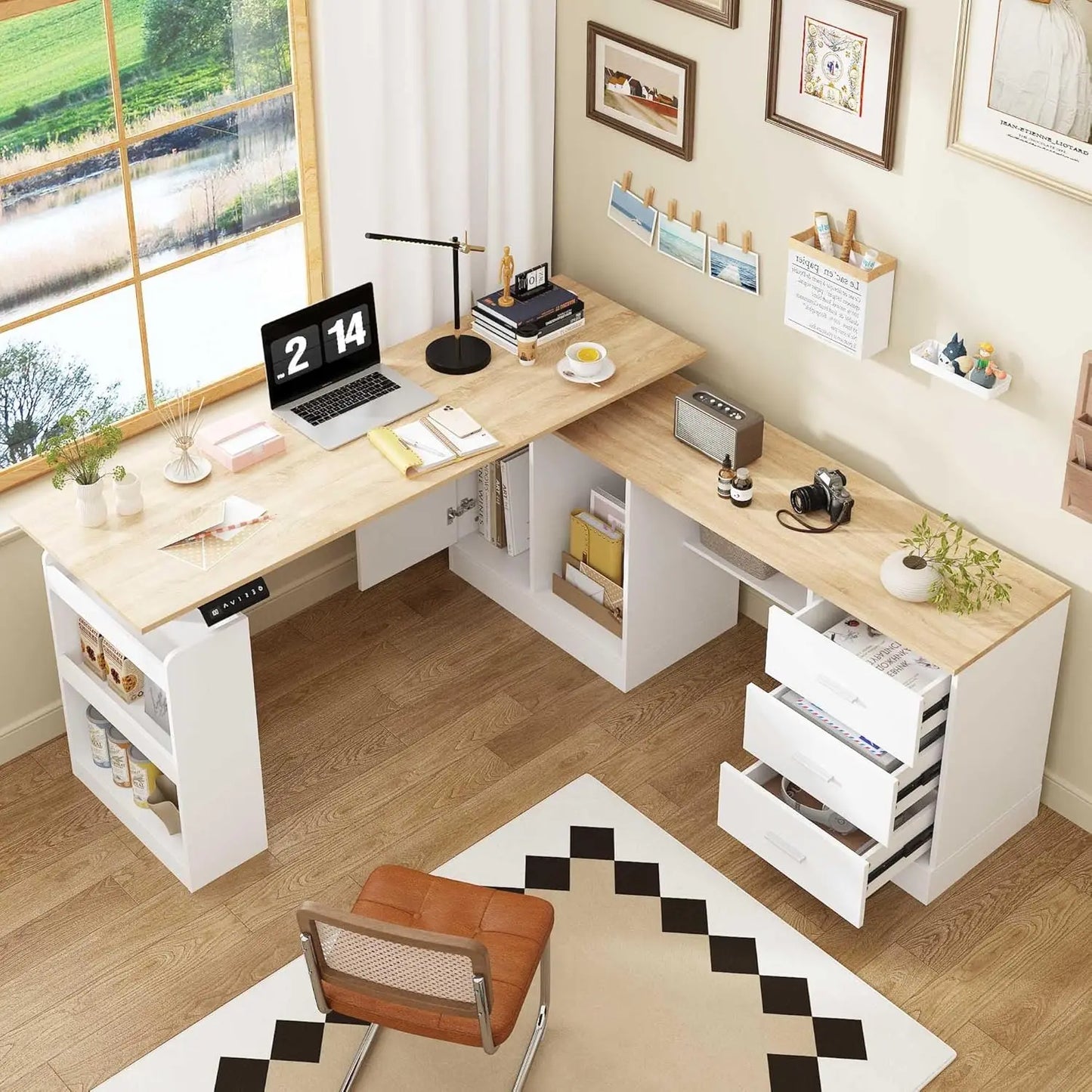 HUANZHUANG Electric Standing Desk With Drawers L Shaped Computer Desk