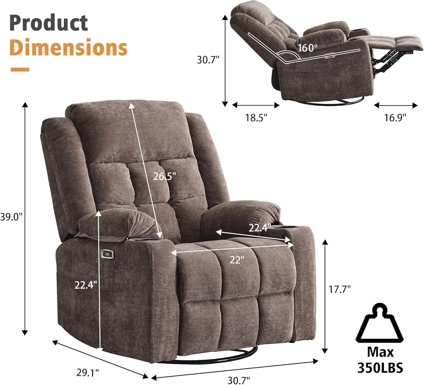 Power Swivel Rocker Recliner Chair for Adults with Massage and Heat