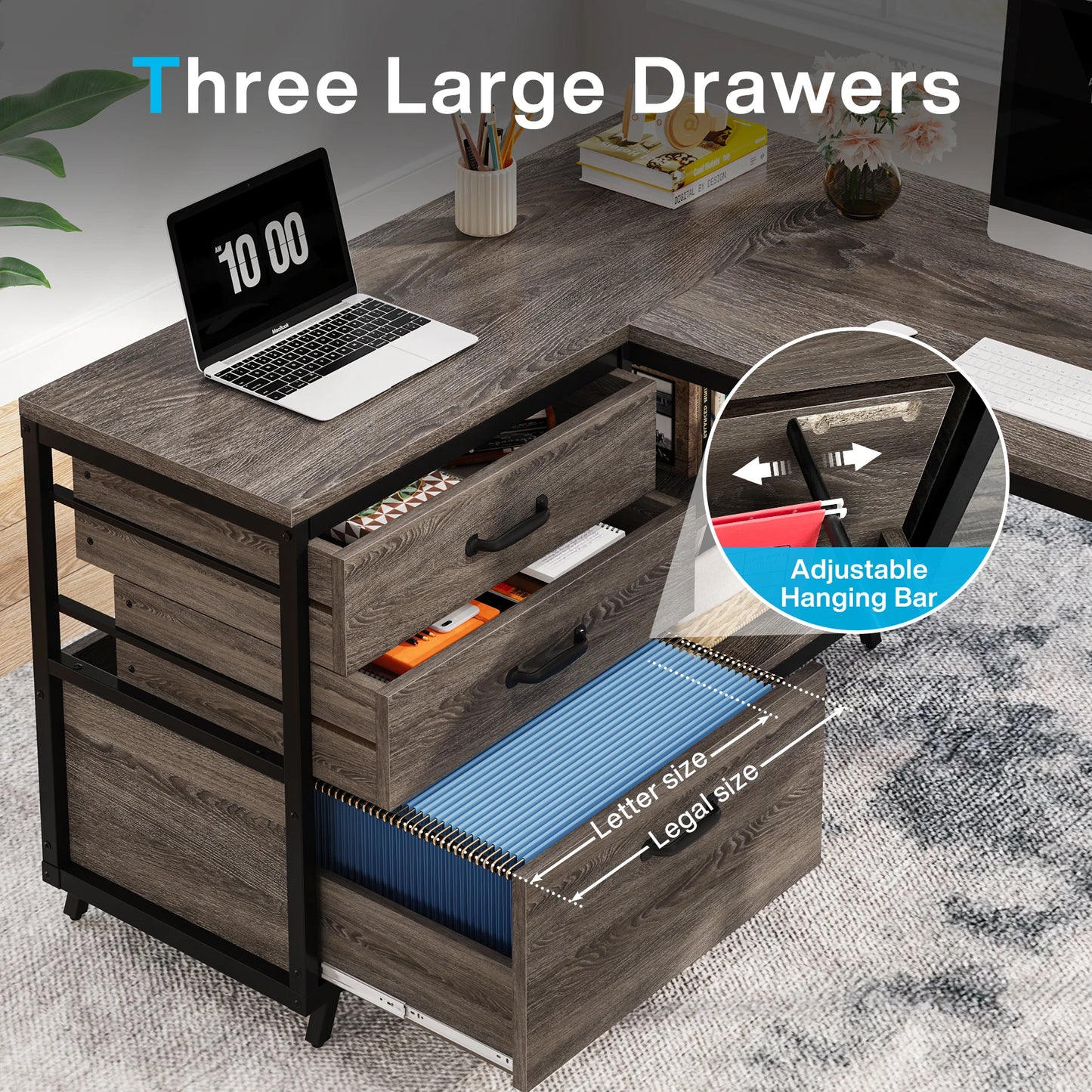 L-Shaped Computer Desk with 3 Reversable Side Drawers