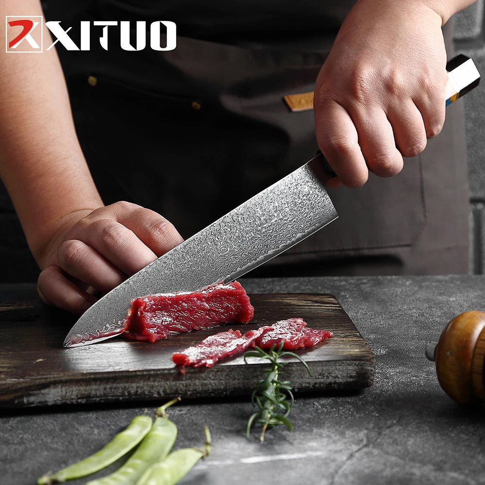 XITUO Damascus Steel Knife Set 1-5Pcs,Japanese Chef Knife,Super Sharp Kitchen Knives with Black Cow Horn Octagonal Handle