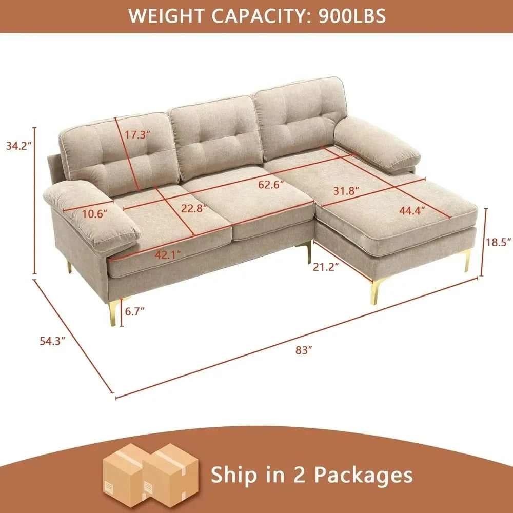 Convertible Sectional Sofa with Chaise Upholstered 3 Seater
