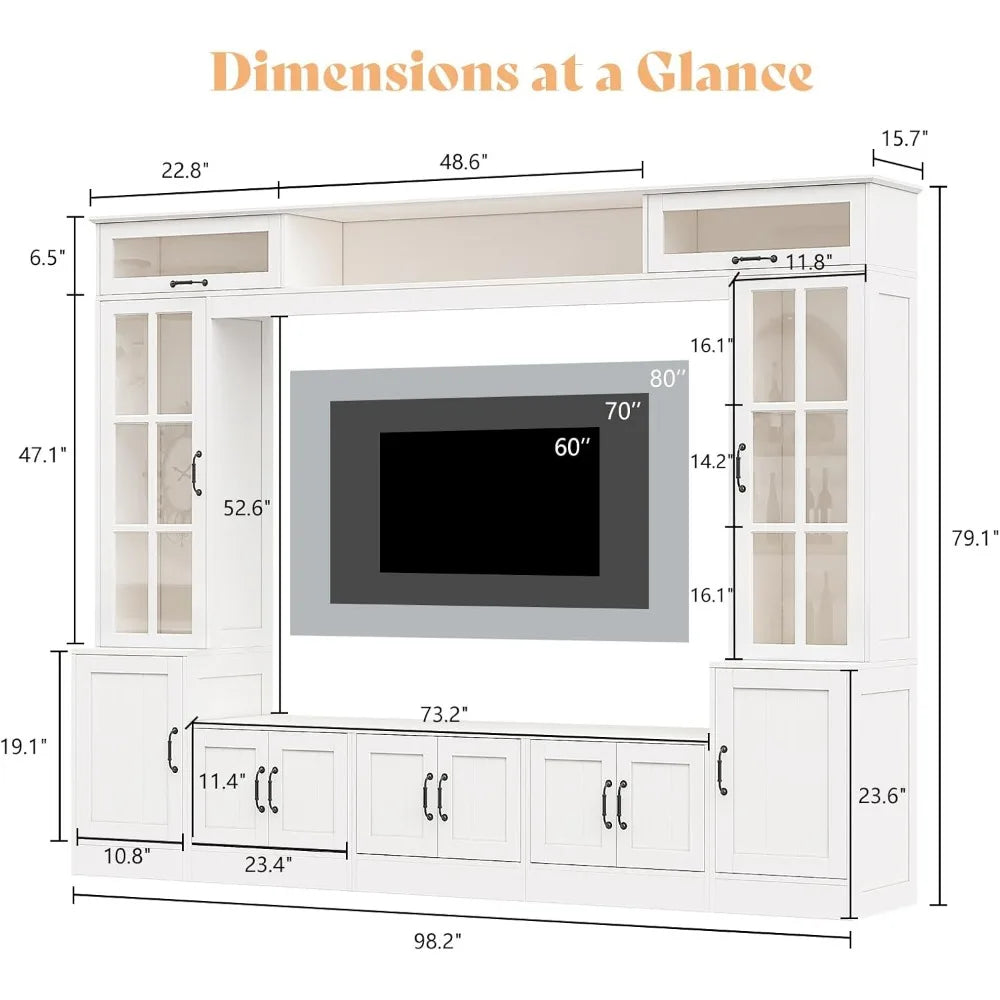 98" W Wall Unit TV Stand with Storage for TVs up to 80", Modern TV Console with LED Lights, Entertainment Center