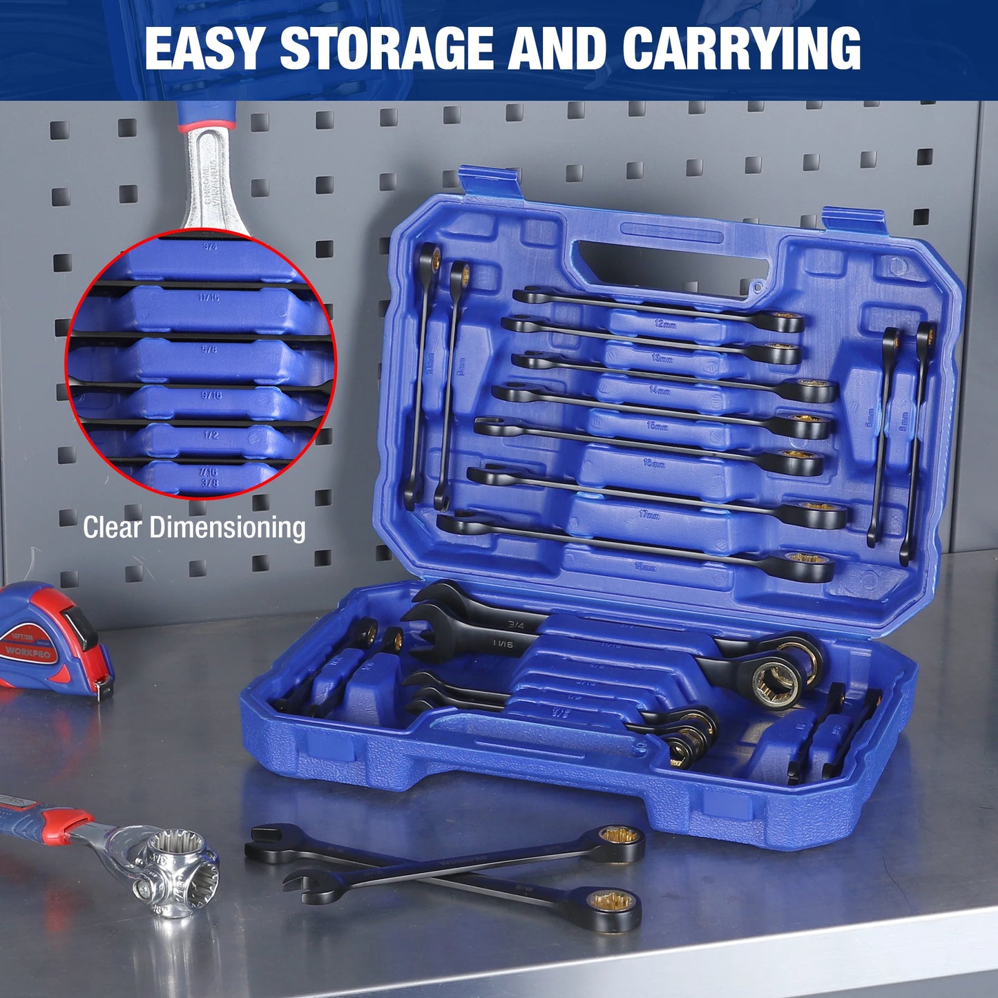 WORKPRO 22-Piece Ratcheting Wrench Set, Anti-slip Teeth, Ratchet Combination Wrench Sets with Organizer Box