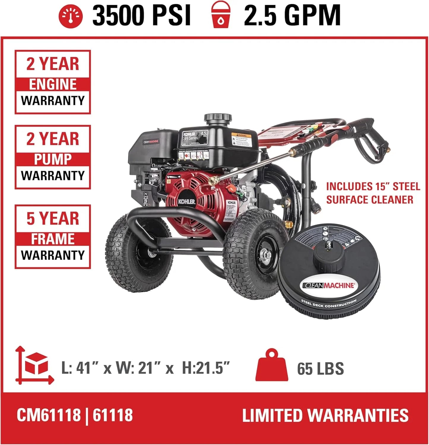 Clean Machine 3500 PSI Gas Pressure Washer, 2.5 GPM, Includes Spray Gun 15-Inch Surface Cleaner 5/16-in. x 25-ft. MorFlex Hose