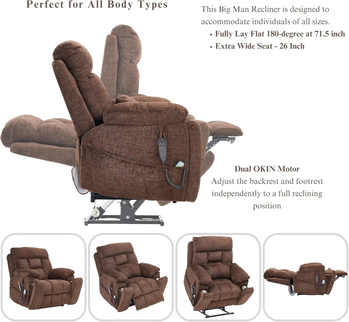Oversized Power Lift Recliner for Elderly - Infinite Position Lay Flat Lift Chair with Heat & Massage Lumbar Pillow Cup Holders