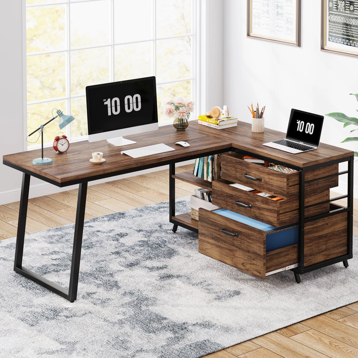 L-Shaped Computer Desk with 3 Reversable Side Drawers