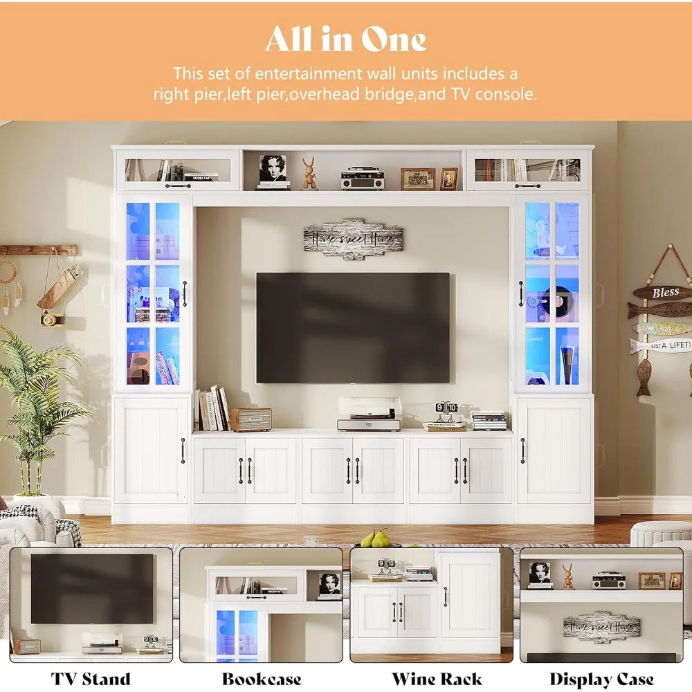 98" W Wall Unit TV Stand with Storage for TVs up to 80", Modern TV Console with LED Lights, Entertainment Center