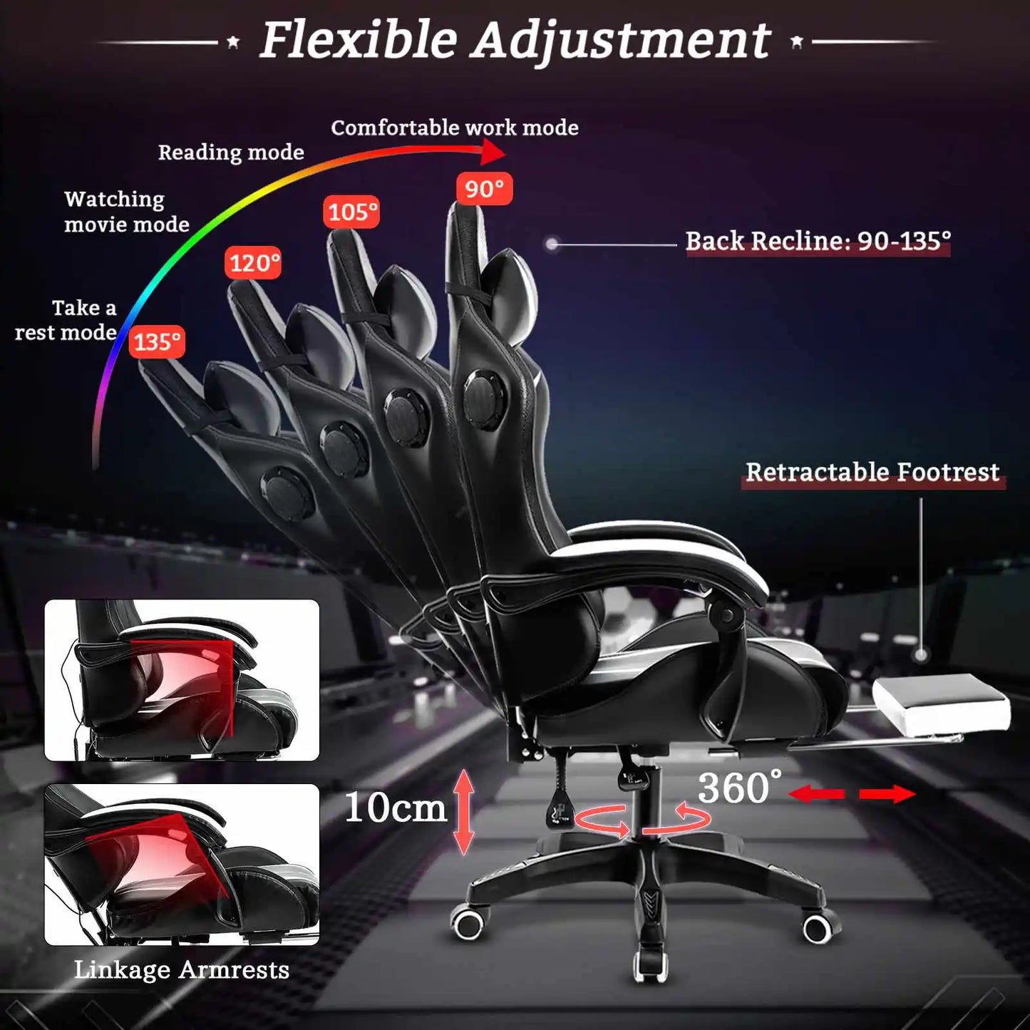 135 Degrees Gaming Chair with RGB Lights Bluetooth Speaker Ergonomic Swivel Recliner with 2 Point Massage