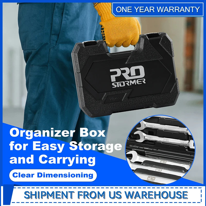 14-Piece SAE Flex-Head Ratcheting Wrench Set 1/4 to 1 with Storage Case 72 Tooth Cr-V Steel Constructed By Prostormer