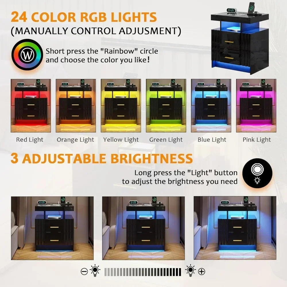 **Smart LED Nightstand Set with Charging Station and Drawers**