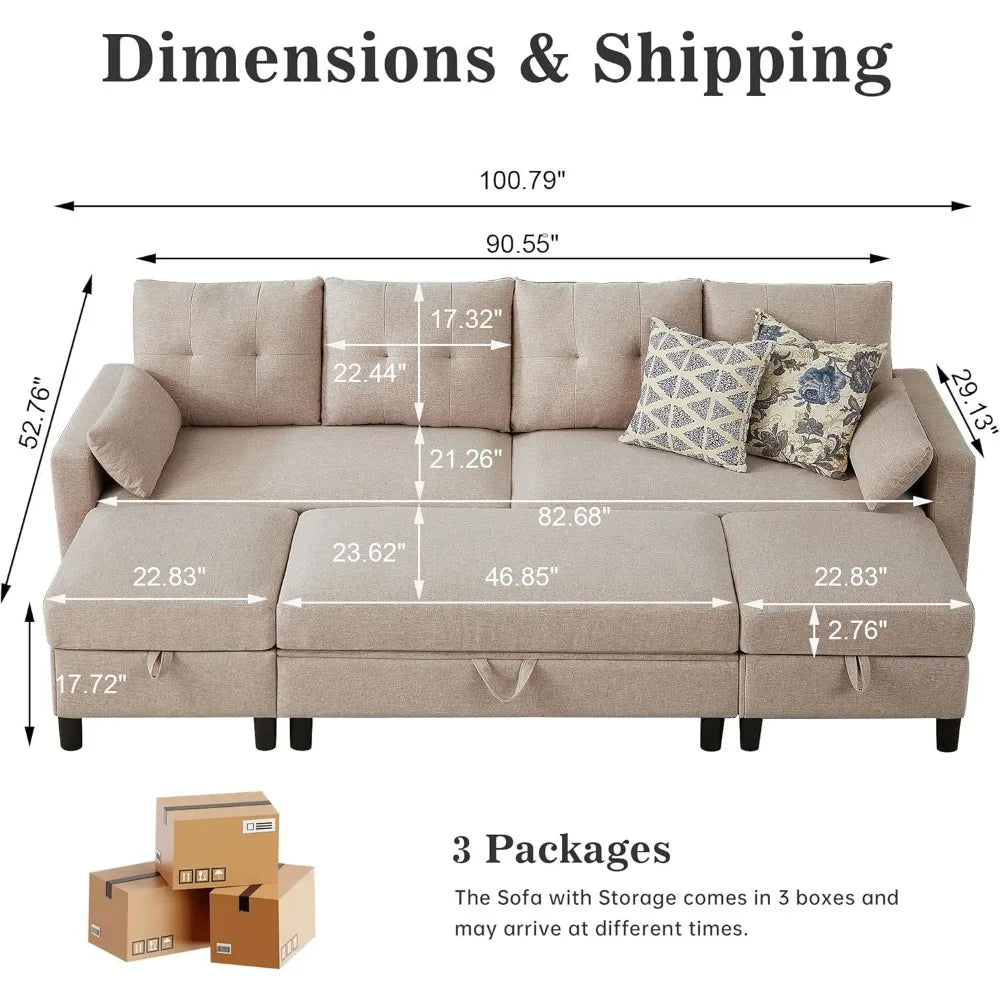 101" Convertible Sectional Sofa with Ottoman Coffee Table, Modern Linen Fabric U-Shaped Couch with Storage Pocket, 4 Seat Sofa C