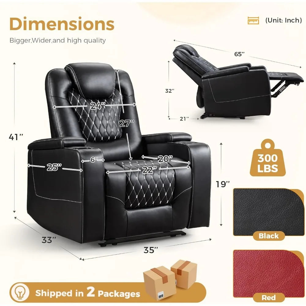 Recliner Chair, Electric Soft Leather Reclining Home Theater Seating - USB Ports, Cup Holders, Hidden Arm Storag