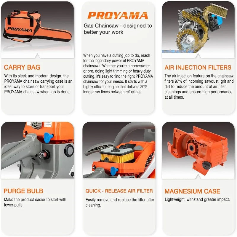 62CC 2-Cycle Gas Powered Chainsaw, 22 Inch 18 Inch Handheld Cordless Petrol Chain Saw for Tree Wood Cutting