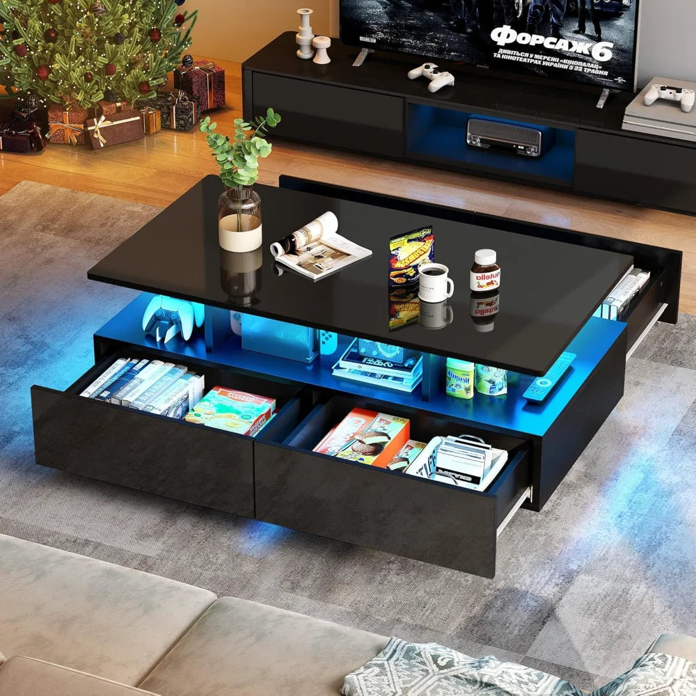 LED Coffee Table with Storage Modern Black Rectangle Table for Living Room High Gloss Finish