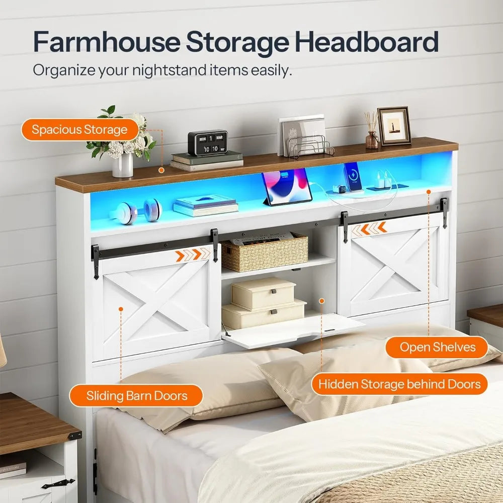 Queen Size Farmhouse Headboard with Storage Shelf Charging Station and LED Lights