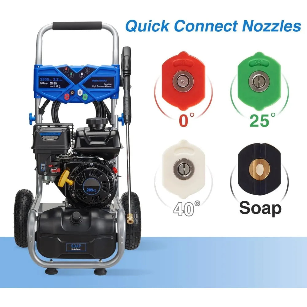 3500PSI Gas Pressure Washer, 2.3GPM Gas Powered High Pressure Washer with 209CC Engine, 4 Adjustable Nozzles,