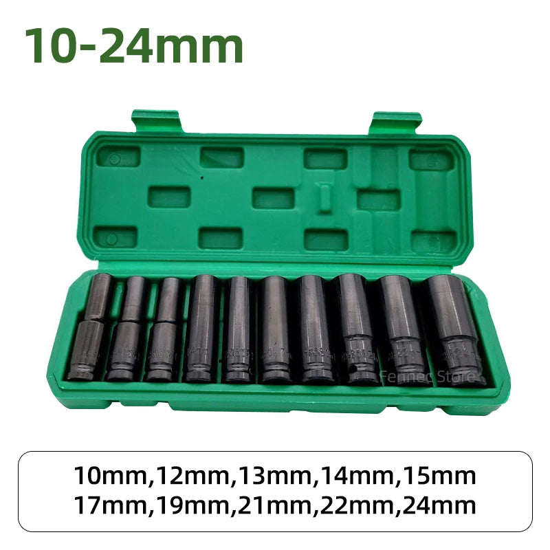 10pcs 1/2-Inch Drive Deep Impact Socket Set for Repair Tools