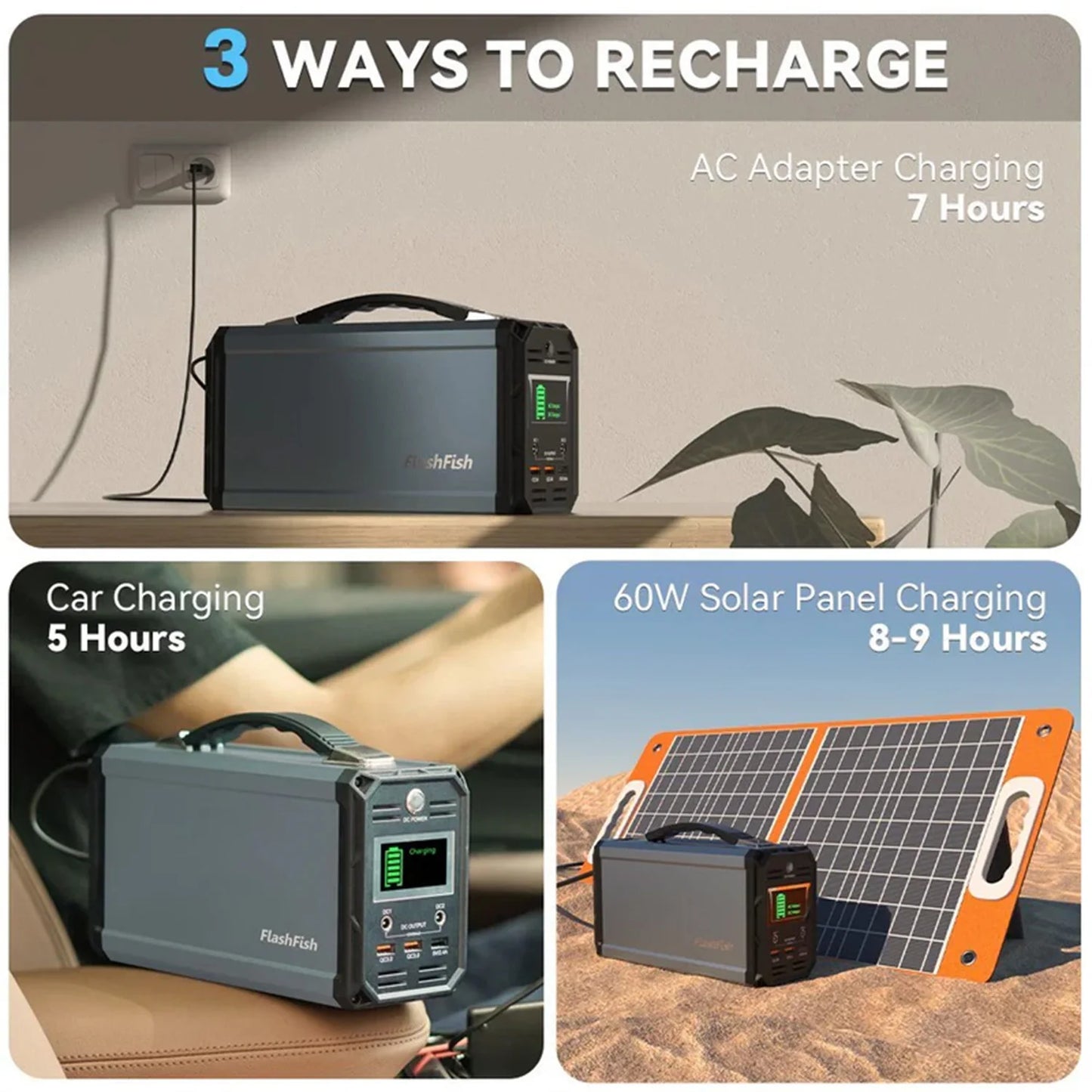 240V portable power station equipped with a 350W60000mAh generator and 60W foldable solar panels for family camping trips