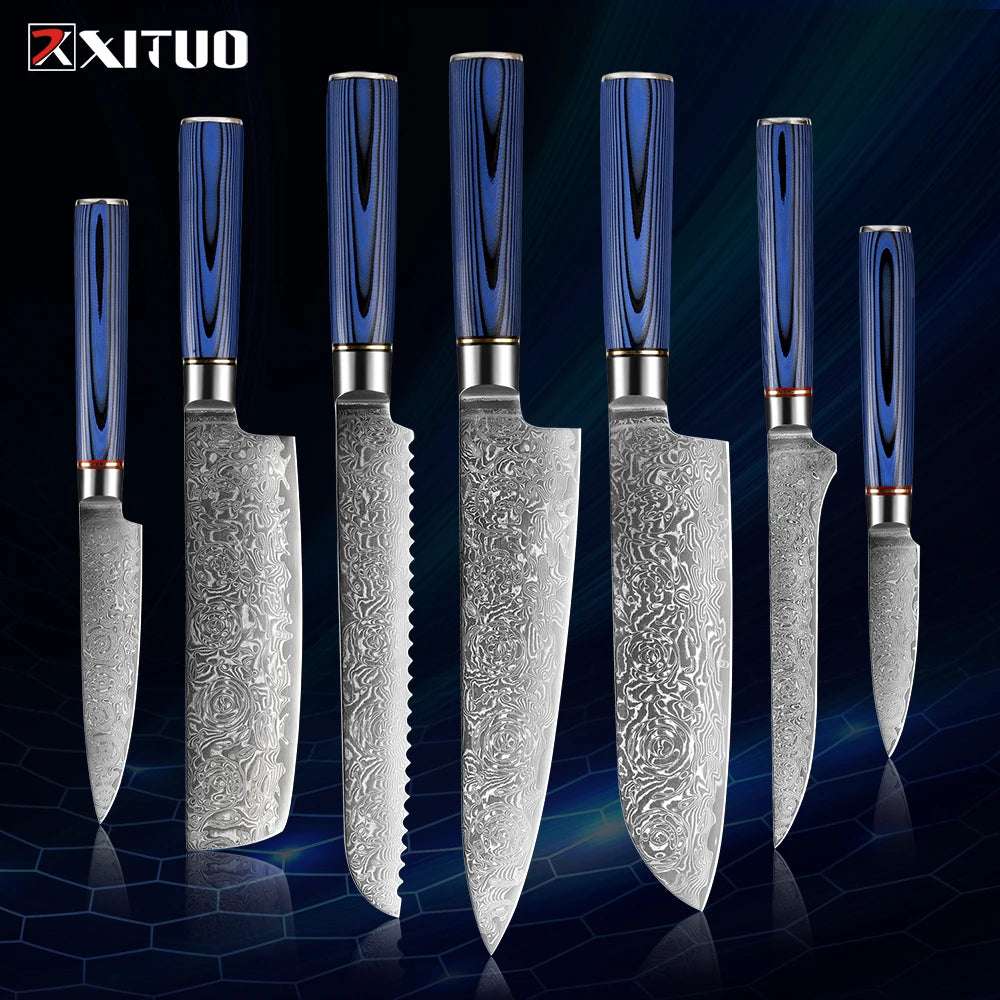 Super Sharp 1-7Piece Damascus Kitchen Knife Set 67-Layer Japanese VG10 Steel Chef's Cleaver Knife Bread Santoku Boning Knife