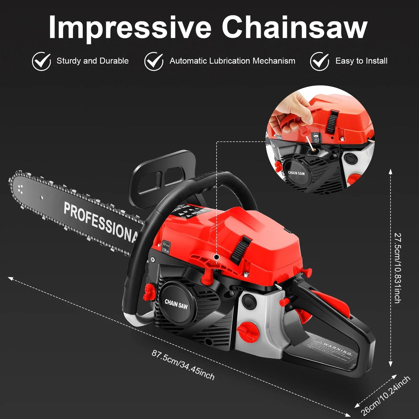 Gasoline Chain Saw, 58cc 2-Stroke Engine, 20-Inch Chain, 3.6HP, High Efficiency, Lightweight Design, Ergonomic Handle for Easy