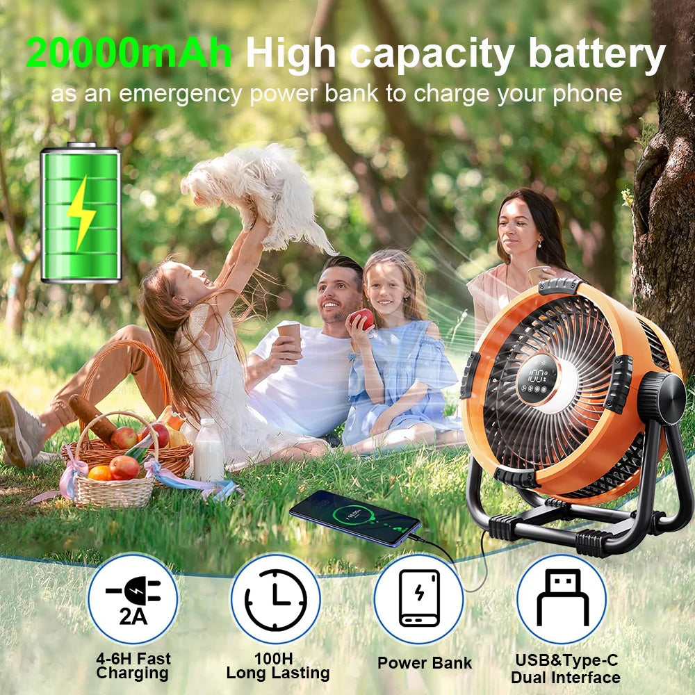 Camping Fan 20000mAh Wireless Outdoor Tent Camping Fan Portable Air Circulator Cooling Ceiling Fan with LED Light Remote Control