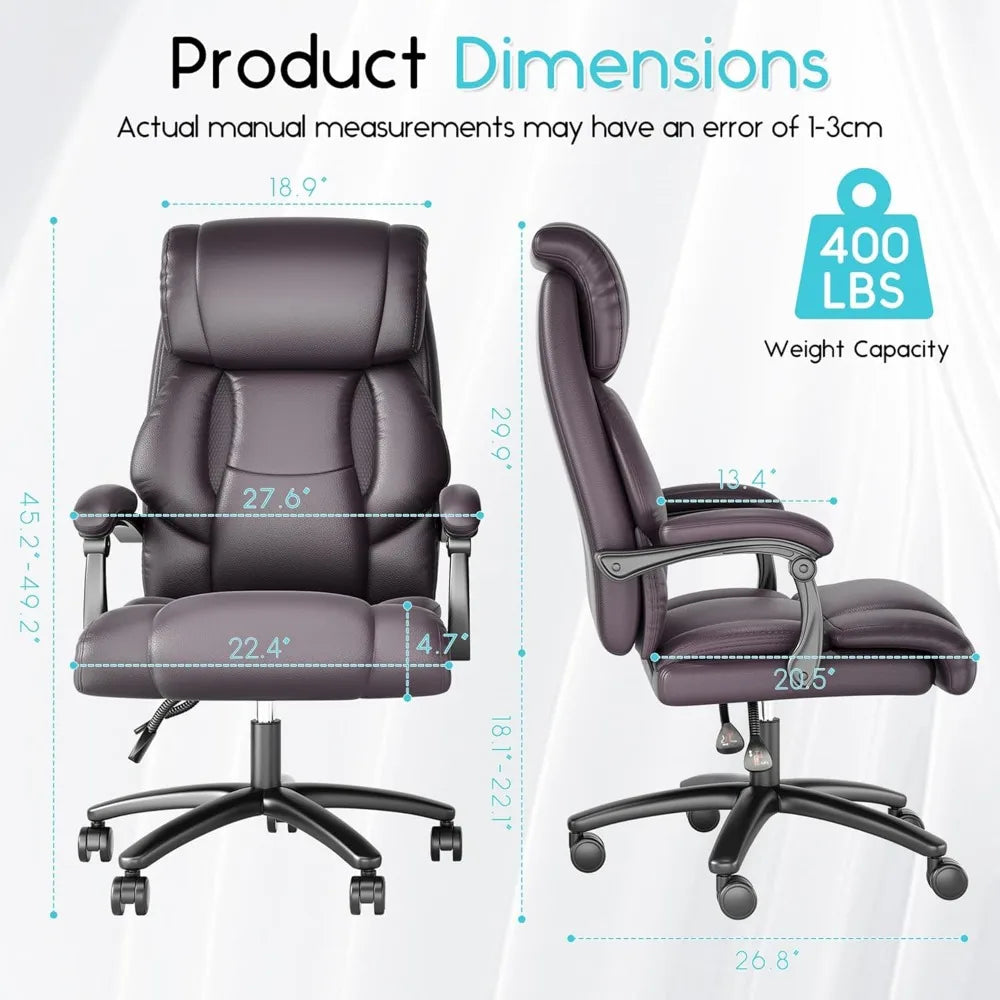 Reclining Office Chair High Back Big and Tall Desk Chair 400lbs Wide Seat Leather Executive Computer Chair with Lumbar Support