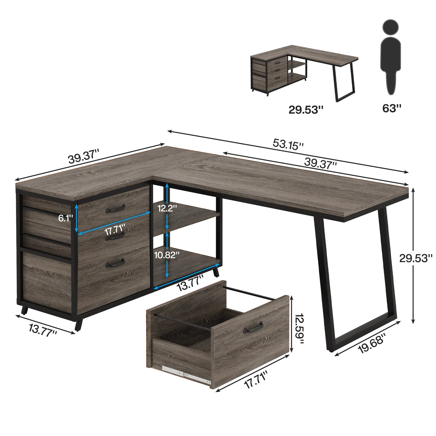 L-Shaped Computer Desk with 3 Reversable Side Drawers