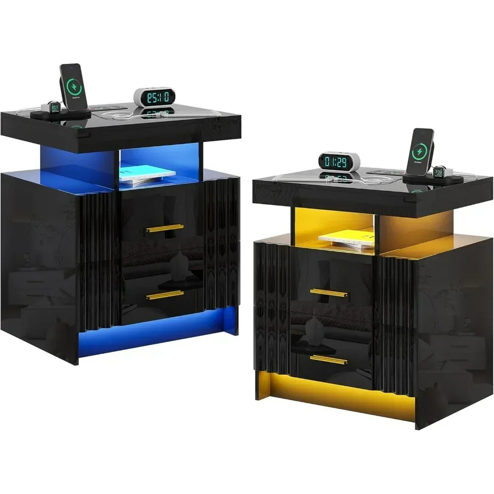 **Smart LED Nightstand Set with Charging Station and Drawers**