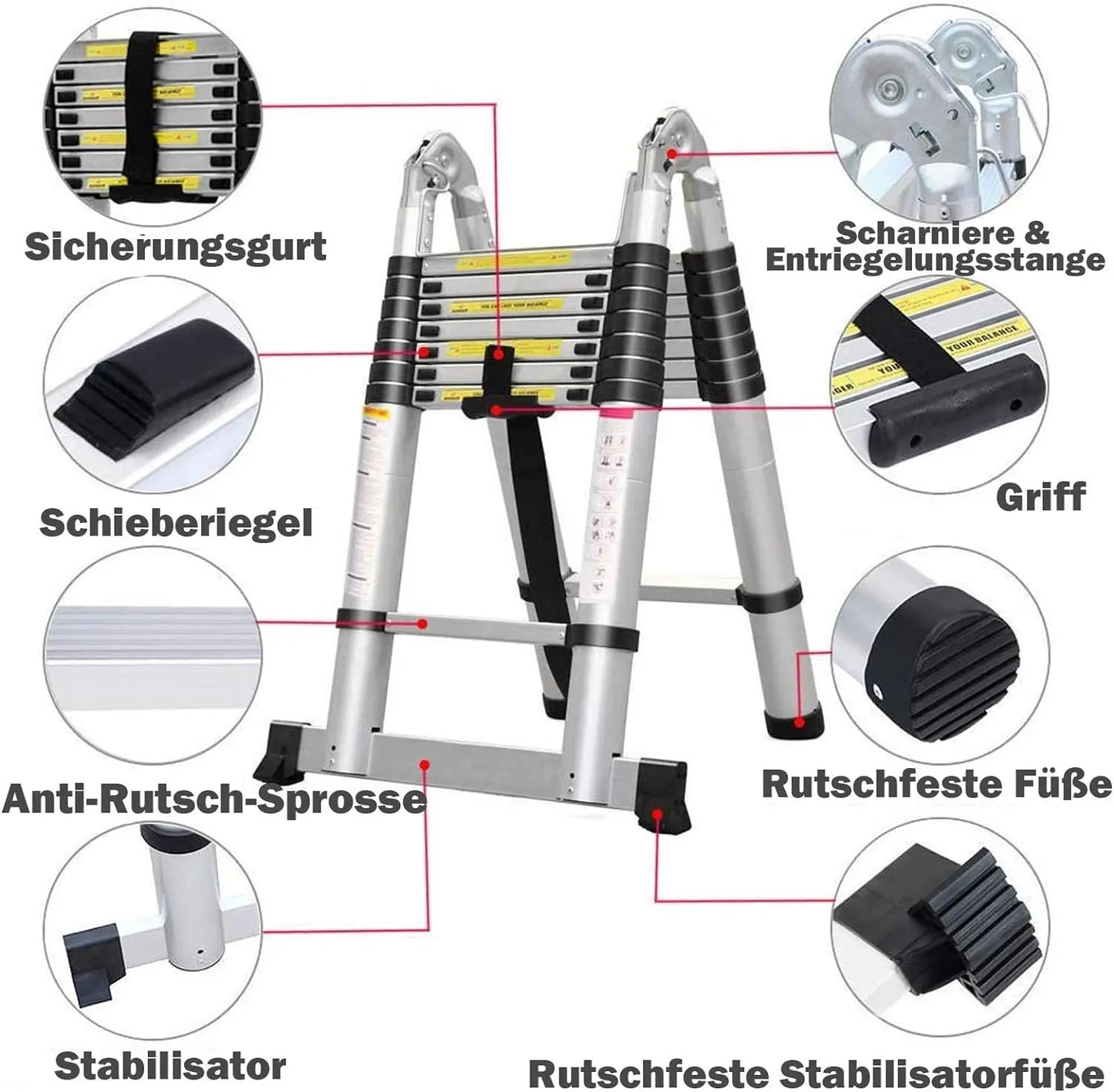 16.5FT/5M Multi-Purpose Telescopic Aluminium Ladder, 150 kg Load Capacity