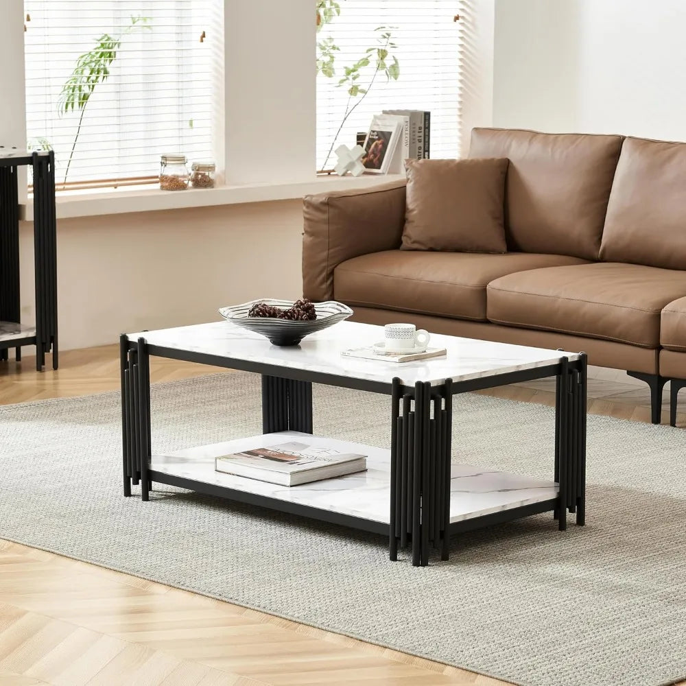 44.88 X 25.2'' Modern Coffee Table, Rectangle Simple Coffee Tables with 1-Tier Storage Shelves, Metal Center Table Minimalist Co