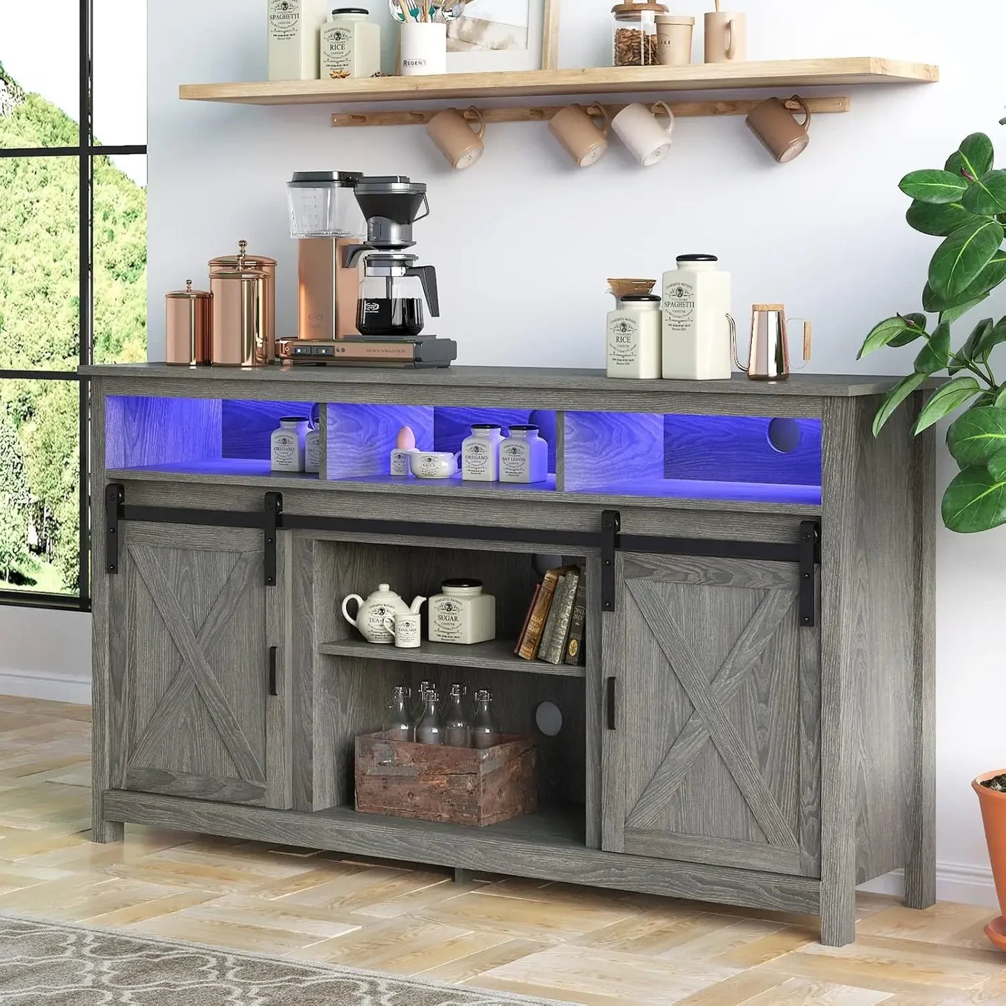 65 inch TVs, Rustic Entertainment Center TV Cabinet Stands with Power Outlets,Shelves Wash Grey