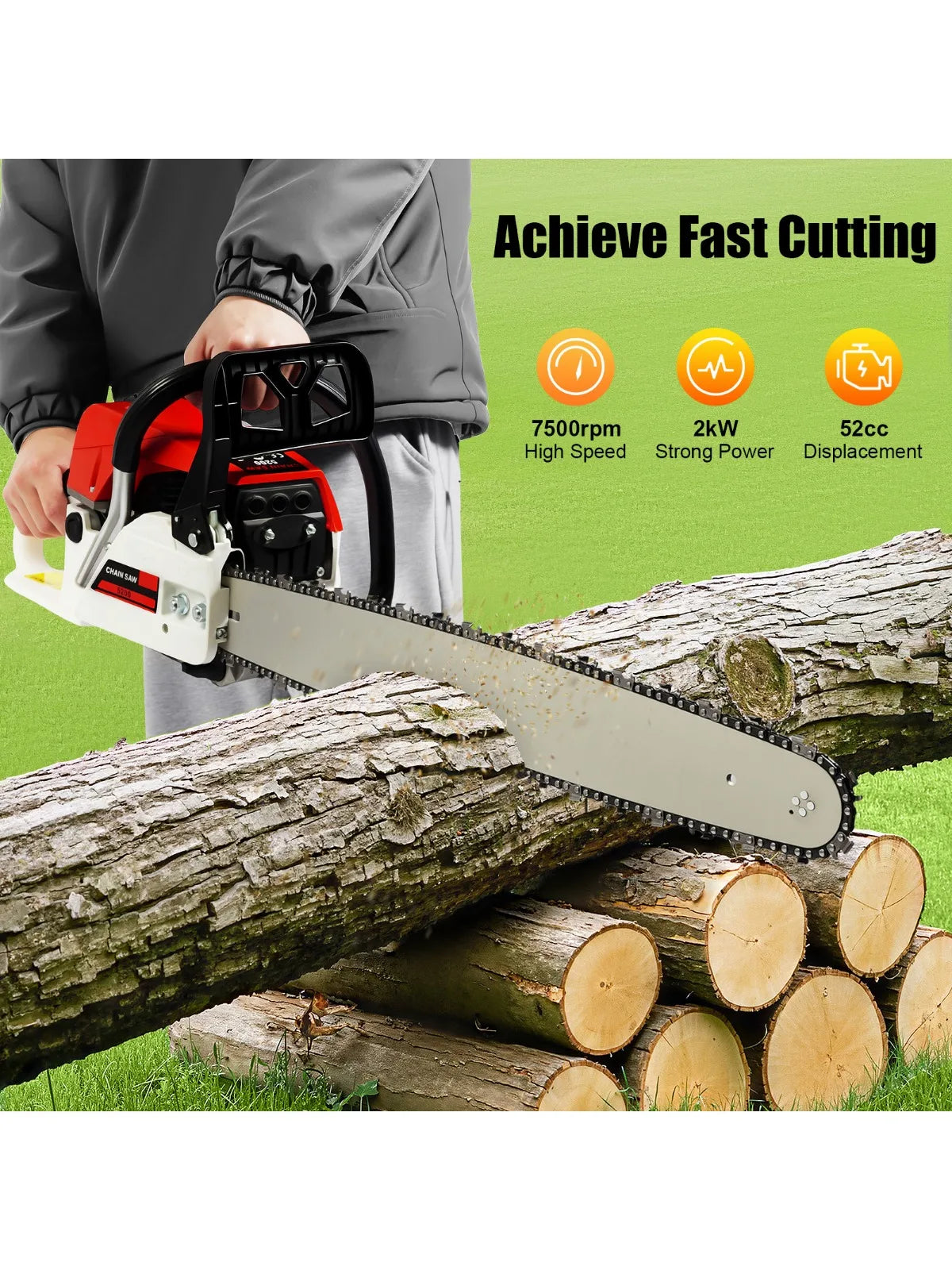 22 Inch 52CC 2-Stroke Portable Handed Gasoline Chainsaw Petrol Chain Saw for forest harvesting pruning branches home woodworking