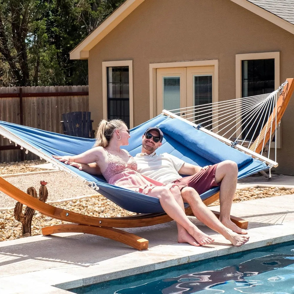 Hammocks Double Hammock with 13.5 ft Wooden Stand Included, Outdoor Hammocks for Outside, 475 lbs Capacity, Blue