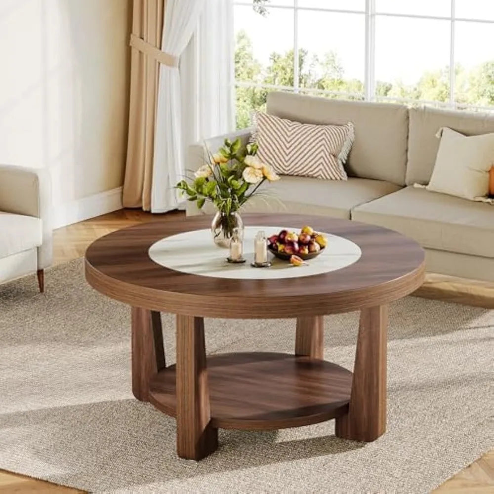 Coffee Table, 2-Tier Round Coffee Table with Heavy-Duty Wood